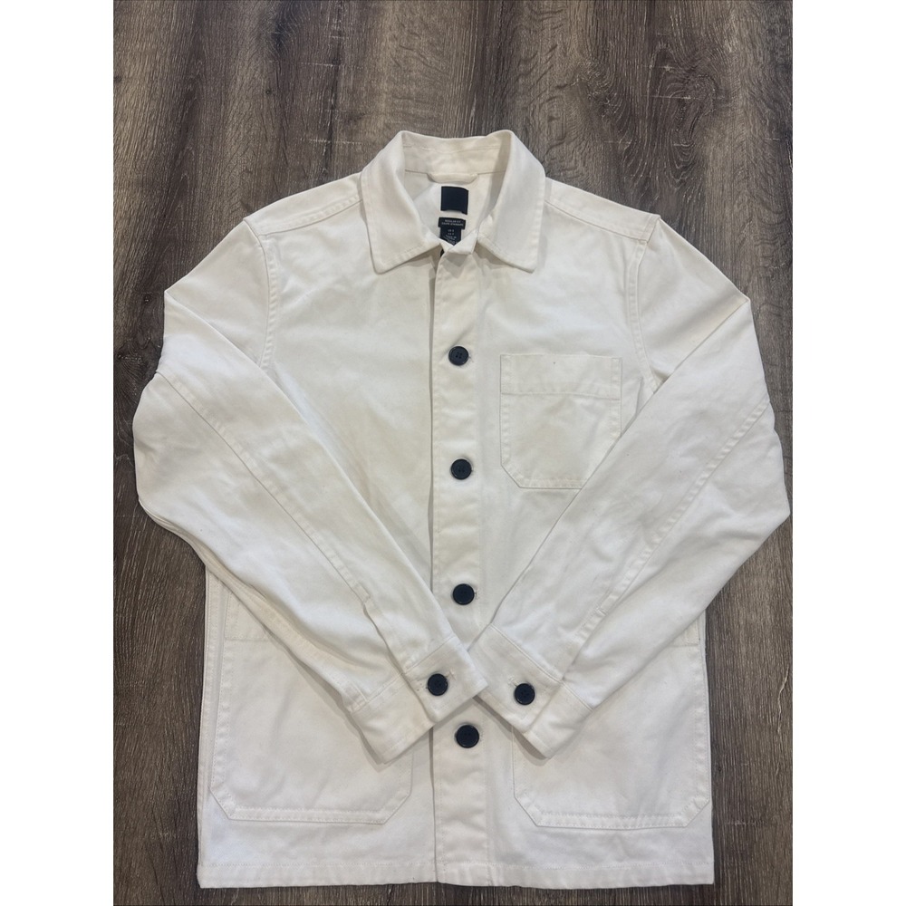 H&M Womens Denim Jacket White Button Up Regular Fit Coupe Standard Cotton Size S